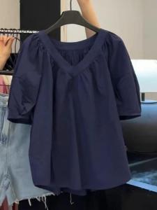 YILU | V-Neck Puffed Sleeve Loose Fit Womens Shirt