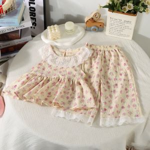 Lace Trimmed Vest Set with Flared Pants