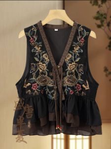 Slimming Embroidered Vest Heavy Embroidery Loose Splicing Sash Autumn Single Button Floral Patterned Backless Style Womens Jacket
