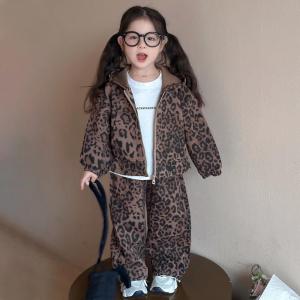 Trendy Leopard Print Girls Outfit Spring Childrens Clothing Set Casual Style Two-Piece Suit with Jacket And Pants for Kids