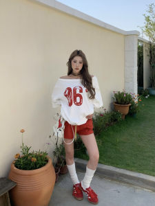 Áo Thun Nữ Tay Ngắn in Số Phong Cách Mỹ Cổ Điển Vai Chéo Dáng Rộng Đa Năng Mùa Hè Áo Hở Vai Chất Liệu Cotton Polyester Cotton Lanh