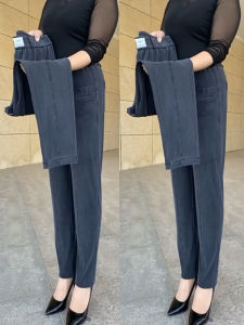 High Waist Cotton Stretch Denim Casual Pants for Middle-Aged Women Autumn Winter Loose Dad Jeans Moms Nine-Piece Deep Color