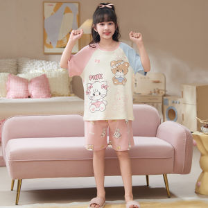 miiow | Pure Cotton Cat Girl Summer Pajamas Short Sleeve Home Clothes Childrens Clothing Breathable Comfortable Round Neck Pajamas