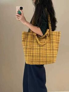 Retro Style Large Checkered Tweed Tote Bag Yellow Commuter Versatile Handbag Underarm Single Shoulder Bag for All Seasons
