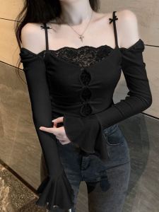 เสื้อชั้นในคอฮอลเตอร์ลูกไม้สไตล์สาวสุดเท่ เสื้อชั้นในคอวีแขนกุดเซ็กซี่สำหรับผู้หญิง แขนยาว ทรงเข้ารูป กระโปรงสั้น ทรงเข้ารูป แขนยาว