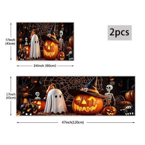 VIKAMA Halloween Pumpkin Kitchen Rug Non-Slip Washable Ghost Skeleton Floor Mat Spooky Holiday Decor For Kitchen Home Party