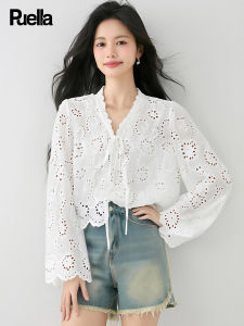 puella | Lace Hollow-out Floral Long Sleeve Shirt Womens Light and Fresh White Blouse