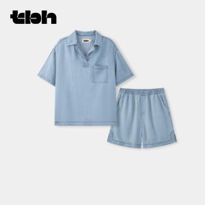 T-B-H | Soft Tencel Denim Couple Sleepwear Set with Cuban Collar Breathable Summer Loungewear for Men and Women