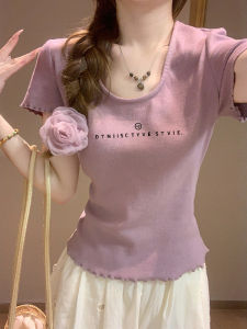 Fashionable Letter Print U-neck Short Sleeve T-shirt WomensSummer New Arrival Korea StyleSlim Fit Absorbed Sweat