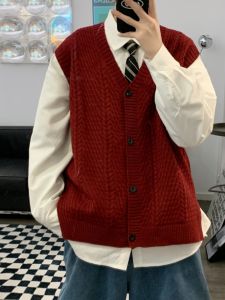 Red Knitted Mens Vest Retro Japanese Hong Kong Style Trendy Cardigan Sweater Outerwear Versatile V-Neck Casual Loose Fit Autumn Wear