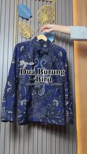 BATIK PUTRA JAWA Motif Dua Burung Biru Kemeja Batik Pria Slimfit Premium Bahan Katun Lapis Furing