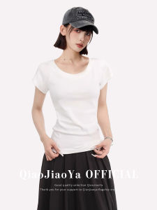 Áo Thun Cotton Tay Ngắn Cổ Tròn Màu Trắng Cho Nữ Mùa Hè Thiết Kế Ôm Vừa Vặn Cổ Cao Ngắn Tay Áo Thun Cotton Nguyên Chất