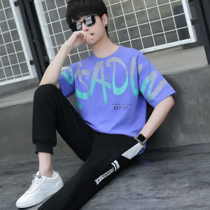 เสื้อยืดแขนสั้นผู้ชาย ชุดกีฬา แฟชั่น เสื้อผ้าเด็กโต ฤดูร้อน ผ้าฝ้ายผสมโพลีเอสเตอร์ ระบายอากาศได้ดี เสื้อผ้าเด็กชาย