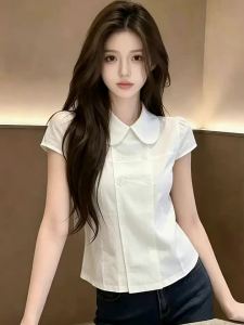 Elegant Waist-Slimming Peter Pan Collar Short Sleeve Shirt