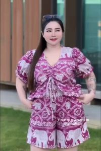 C16 ชุดเซตช้างเสื้อรูดหน้า+กางเกงขาสั้ันรุ่นใหม่-สาวอวบสาวพลัสไซส์ อก30-44 เอว 30-50 ยาว16"
