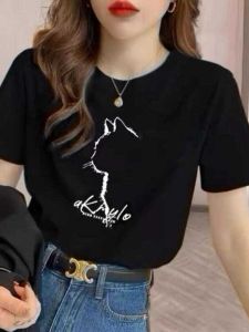 Brand Discount Womens Clothing Leak-Picking and Age-Reducing Cartoon Print Short Sleeve T-Shirt Korean Style Sense of Design All-Matching Pure Cotton Tops Fashion