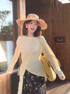 เสื้อยืดแขนยาวผูกโบว์สีพื้นหลวมๆ สำหรับฤดูใบไม้ผลิและฤดูร้อน เสื้อผ้าทำงานสไตล์เกาหลี ทรงหลวม แขนยาว ปกติ