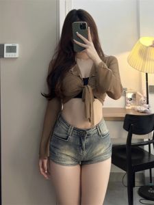 กางเกงยีนส์ทรงเข้ารูปเอวสูง ทรงตรง ฤดูร้อน 2024 กางเกงขาสั้นทรงเข้ารูปสำหรับผู้หญิงไซส์ใหญ่