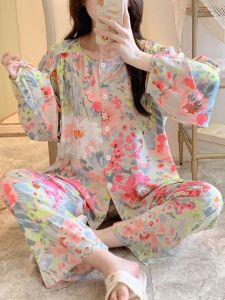 ฤดูใบไม้ผลิ ฤดูร้อน ผ้าฝ้าย ผ้าไหม ชุดนอน สุภาพสตรีแขนยาวบาง หลวม พลัสไซส์ เสื้อผ้าบ้านสบายเปิด คาร์ดิเกน สามารถสวมใส่ด้านนอกได้