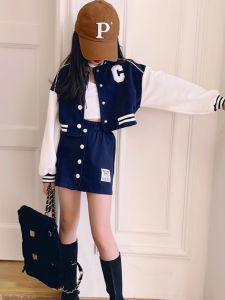 Girls Preppy Style Two-Piece Set Casual Korean Version Baseball Coat Skirt Spring Autumn Childrens Clothing Outfit