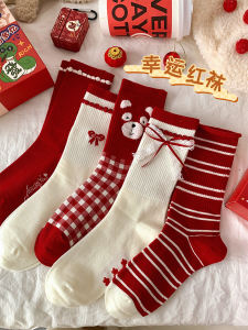 Red Cotton Butterfly Knot Mid-Calf Socks Womens Autumn Winter New Year Gift Long Tube Socks Pure Cotton Combed Cotton Sweet Style