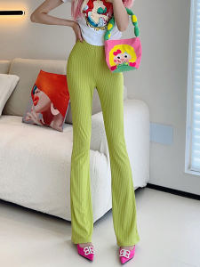 กางเกงขายาวทรงหลวมเอวสูงผ้าไหมน้ำแข็งบางสำหรับฤดูร้อน กางเกงขายาวทรงหลวมสีพื้น ลายทาง กระดุมเดียว สไตล์หวาน สำหรับผู้หญิง