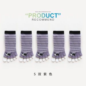 แพ็ค5คู่ถุงเท้าเปิดหัวเปิดนิ้วเท้าห้านิ้วใส่ช่วงฤดูร้อนสำหรับผู้หญิงถุงเท้าแบบสั้นลายทางผ้าฝ้ายแท้แบบบางแยกนิ้วเท้าดูดซับเหงื่อลายแมวการ์ตูน