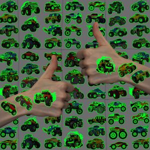 6 Sheets Luminous Tattoo Stickers Monster Truck Temporary Tattoos Glowing In the Dark Fake Tattoo Cartoon Car Tattoo For Boys