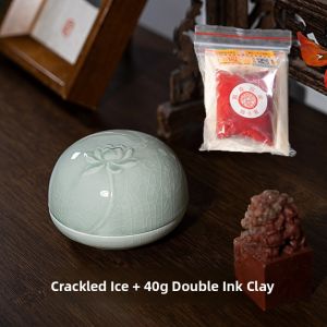 Jingdezhen Ceramic Stamp Ink Box Medium Size High Top Porcelain Vessel Ancient Style Relief Lotus Stamp Ink Pot Velvet Box Dual Dimension