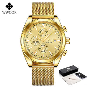 WWOOR 2022 New Luxury Sports Mens Luminous Watches Business Steel Gold Quartz Waterproof Wristwatch Fashion Chronograph Original Brand