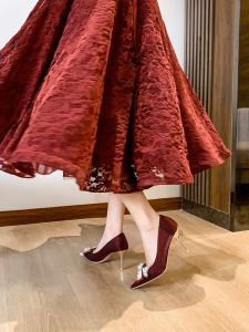 Red Wedding Shoes Satin High Heels for Women Elegant Butterfly Knot Pearl Decorated Ceremony Engagement Banquet Party Shoes