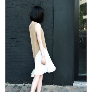 DenDen Women Dress Mid-Length Pleated Short Skirt Fashion Autumn Maxi Two- Piece Sleeveless Quality Material Set Baju dan Kain Wanita 复古百褶裙两件套