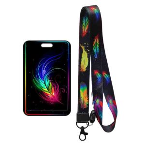 Feather Phoenix Eagle Badge Holder Lanyard Key Chain ID Card Holders Business Card Protector Black Neck Strap