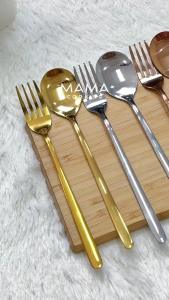 Mama Cooking - ช้อน ส้อม สแตนเลส สไตล์เกาหลี สีเงิน ดำ ทอง ทองแดง รุ้ง ยาว 20 ซม. ช้อนเกาหลี ทนทาน แข็งแรง สีไม่ลอก