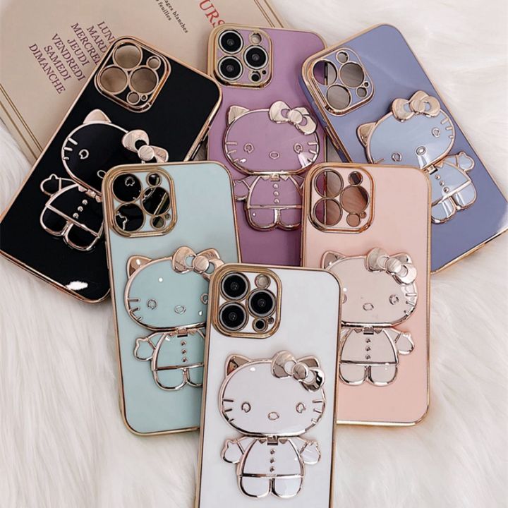 Luxury Cute Hello Kitty Makeup Mirror Plating Holder Stand Phone Case Soft Back Cover For Apple iPhone 15 Pro Max 15 Plus 6S Plus 7 Plus 8 Plus XS Max XR 11 Pro Max iPhone 12 Pro Max 12 mini 13 Pro Max 13 mini iPhone 14 Pro Max 14 Plus