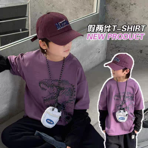 Stylish Long Sleeve T-Shirt for Boys Dinosaur Print Spring Collection Childrens Fashion Soft Material round Neckline UV Protection