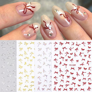 New Years red bow nail stickers self-adhesive pink and gold ribbon nail decorations ballet-style ribbon design nail decals