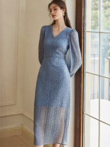 Roey s house | Elegant Gray Blue Slim Fit Lace Puffed Sleeve Dress
