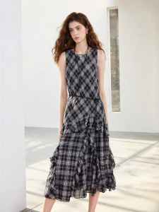 Toyouth | Layered Ruffles Plaid Round Neck Sleeveless Dress