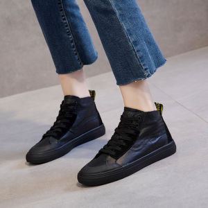 CCVV Womens High Top Shoes Black Leather Breathable Casual Flat Bottom Sneakers Spring Autumn New Style Versatile Comfortable