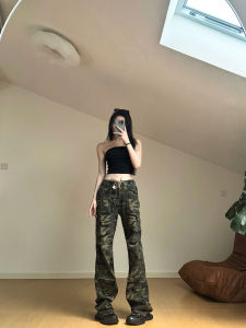 Summer Thin Camouflage Womens Cargo Pants Drawstring Pocket Workwear Trousers Casual High Waist Wide Leg Loose Fit Jeans
