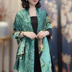Fashionable Summer New Style Silk Satin Buttoned Shawl Outerwear Sun Protection Trendy Cocoon Scarf Chinese Style Floral Print