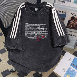 เสื้อยืดแขนสั้นผู้ชายคอตตอนแท้ ทรงหลวม ทรงหลวม สำหรับฤดูร้อน สไตล์อเมริกัน เสื้อยืดสามแถบ ผ้าฝ้าย ทรงหลวม แขนสั้น