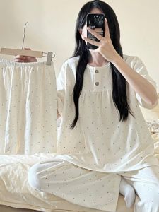 2024 ใหม่ ฤดูร้อน ผ้าฝ้าย ชุดนอน ผู้หญิง เสื้อผ้าบ้านแขนสั้น หวาน น่ารัก ชุดสามชิ้นจุดสีสันสดใสบ้านสบาย ชุดนอน