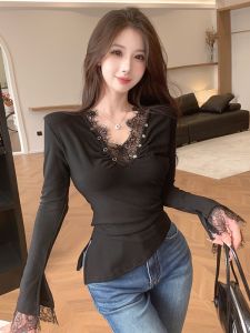 GUZILIAN | เสื้อชั้นในผู้หญิงคอวีสายเดี่ยวลูกไม้เนื้อนุ่ม เสื้อชั้นในผู้หญิงฤดูใบไม้ร่วง/ฤดูหนาว เสื้อชั้นในลูกไม้บุขนแกะแบบมีระดับ เสื้อชั้นในรัดรูปแบบลำลอง