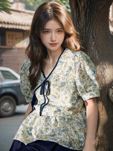 New Chinese Style Floral Tie V Neck Short Sleeve Bubble Sleeve Shirt Womens Summer Fashion Top Loose Fit Printed Embroidered Hollow Butterfly Knot