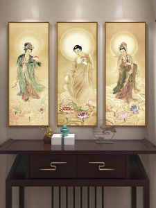 Western Trinity Buddha Statue Guanyin Bodhisattva/Buddha Statue Mural Zen Living Room Background Wall Decorative Painting Middle Hall Altar Hanging Painting