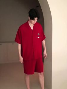 JIALEFEN | Bộ Đồ Ngủ Mùa Hè Cotton Đỏ Nam