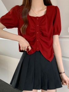 Summer Short Sleeve T-Shirt Women plus Size Bubble Sleeve Uneven Hem Square Collar Slim Fit Red Top Fashion Commute Vintage