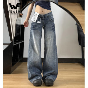 American Retro Fleece Lined Flared Denim Jeans Womens Low Waist Spicy Loose High Street Slim Straight Wide Leg Pants